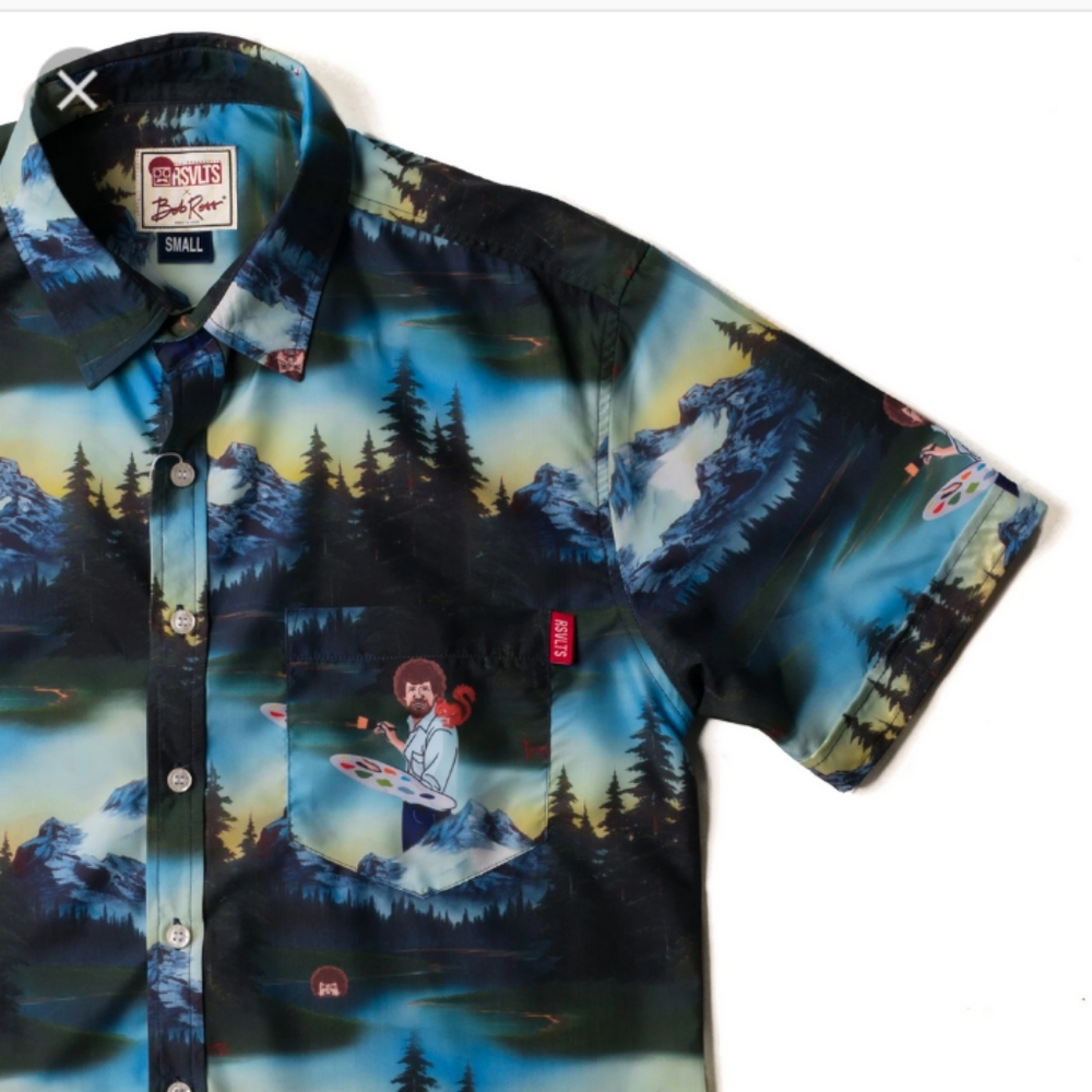 Large Polyester Shirt. Bob Ross Happy Little Trees